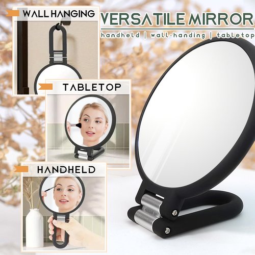 Novadex 1x 15x Travel Magnifying Mirror Hand Held Vanity Mirror, Compact 2-Sides Folding Magnification Hand Mirror with Handle for Women 360°Rotating Handle Table Desk Small Make Up Mirrors (Black)