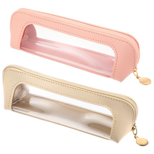 Kifmurase 2Pcs Clear Makeup Brush Bag, Leather Slim Makeup Case, Portable Transparent Waterproof Cosmetic Pouch with Zipper, Double Sided Clear Bag for Women Travel Storage (White, Pink)