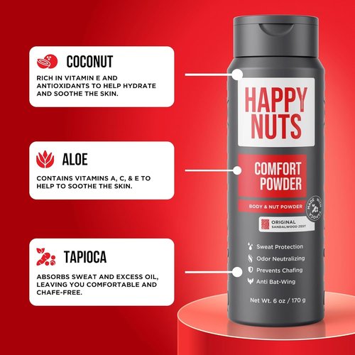 HAPPY NUTS Comfort Powder Deodorant for Men - Aluminum-Free, Anti-Chafing & Odor Control, 6 oz