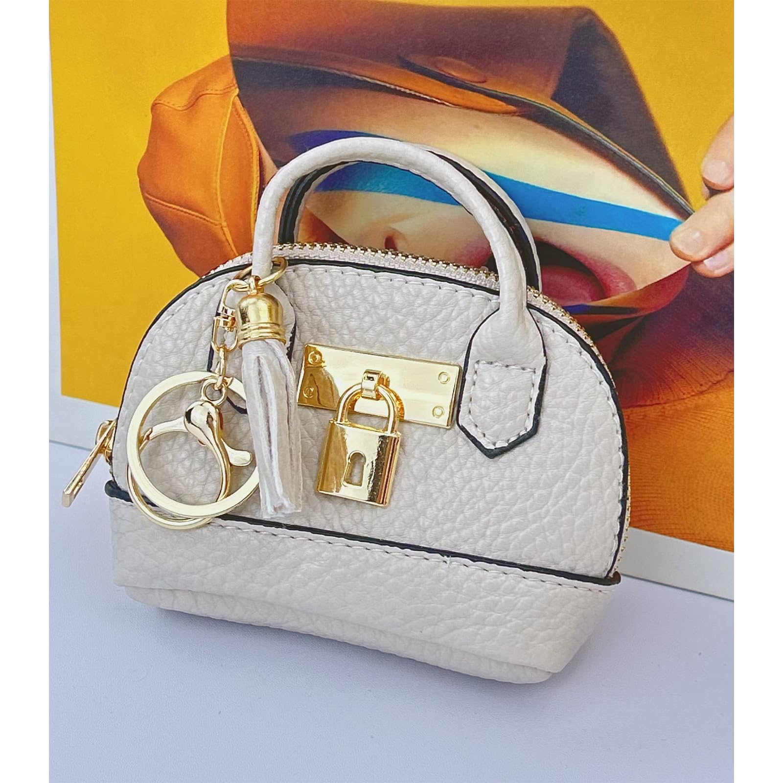 YJUBAOA 2 pcs Mini Makeup Bag for Women PU Leather Backpack Keychain Mini Wallet Key Pocket Lipstick Bag Card Holder (Handbag, White + Black)