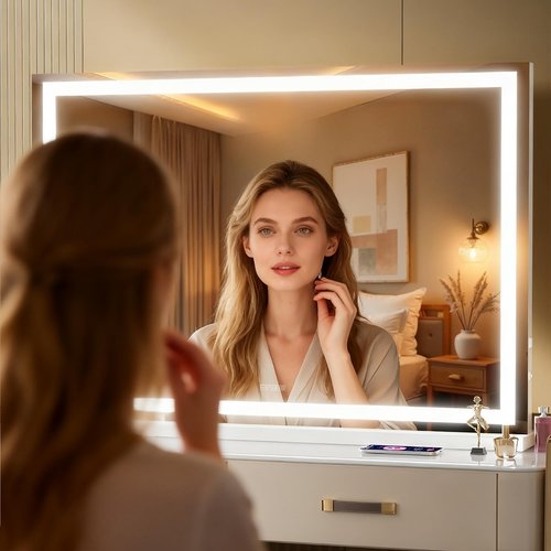 MINISO Vanity Mirror with Lights,37.4"x25.6"LED Makeup Mirror with Bluetooth Speaker,Touch Sensor,3 Light Colors,Dimmable,Metal Frame,with 10X Magnifying Glass,Rectangular White