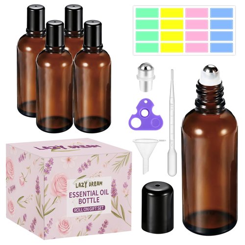 30ML Roller Bottles for Essential Oil, 4 Pack Empty Amber Glass Roller Bottle for Perfume Oil, Roll on Bottles with Stainless Steel Roller Balls, Opener, Funnel and Dropper for Aromatherapy, Massage