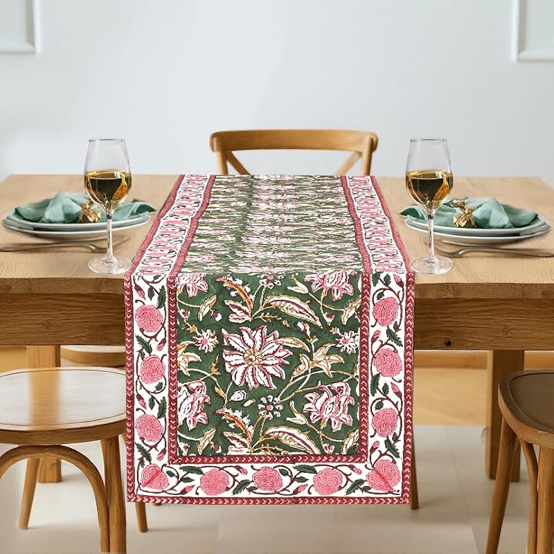 Cotton Hand Block Print Table Runner - Hunter Green 16x70 Inches