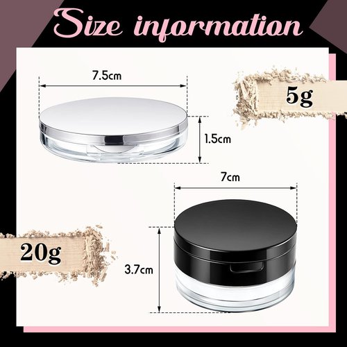 Cunhill Loose Powder Container Set - Reusable Plastic Cases with Puff & Mirror | 0.17/0.7 oz, Silver & Black