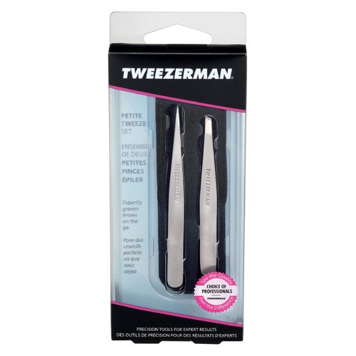 Tweezerman Petite Tweeze Set with Travel Case - Point and Slant Tweezers, Tweezers for Travel (Black Case), (Pack of 2)