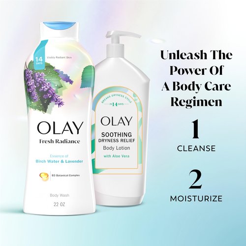 Olay Body Wash for Women, Fresh Radiance, Refreshing & Renewing, Made with Plant Based Cleansers, B3 Botanical Complex, For All Skin Types, Birch Water & Lavender Scent, 22 fl oz (Pack of 4)