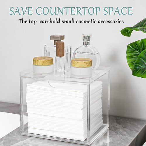 VEGEVIGI Acrylic Disposable Face Towel Holder Intended For Face Towels XL, Facial Towel Storage Box With Drawer, Clear Clean Towels Xl Container Organizer For Bathroom Countertop
