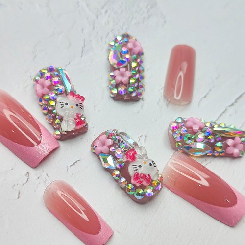 PDFADSK Pink Glitter French Tip Press on Nails Medium Square Fake Nails Glossy Rhinestones Full Cover Coffin False Nail with Rhinestones Charms Design Acrylic Nail for Women 24Pcs
