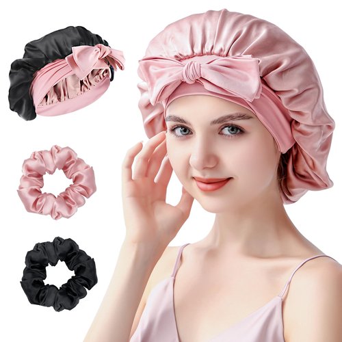 SILMANA Silk Bonnet for Sleeping Women, 22 Momme 100% Mulberry Silk Sleep Cap with 2 Matching Silk Scrunchies, Double-Sided Wearable Hair Bonnet for Night Hair Care and All Hair Types - Pink