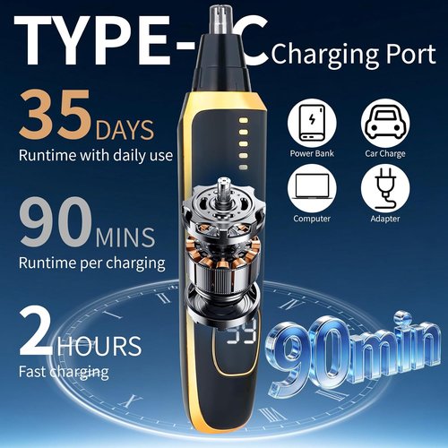 Skiennix Nose and Ear Hair Trimmer - 2-in-1 LED Display, USB Rechargeable, Waterproof, Dual-Edge Blades | Black Gold