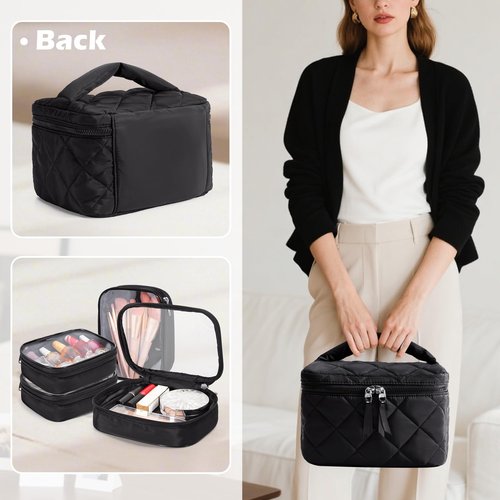Trahzia Travel Makeup Bag with 4 Clear Cases, Large Quilted Cosmetic Organizer for Women, Puffy Storage Bag for Cosmetics, Photos or Pill Bottles, Black (Empty Bag)