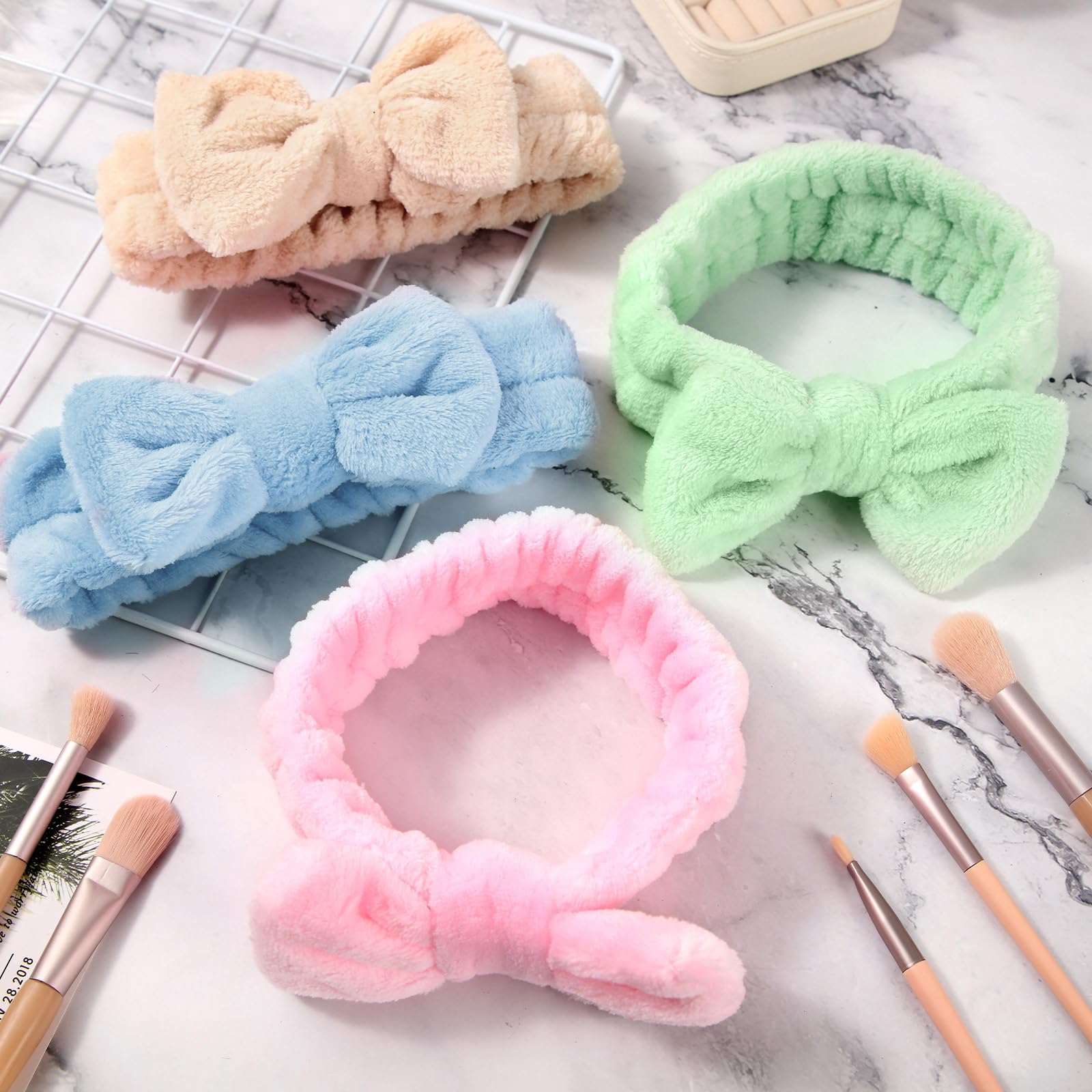 WILLBOND 48 Pieces Spa Headband Bow Hairband Facial Makeup Women Face Wash Adjustable Skincare Headbands Bulk Soft Flannel Towel Head Wraps for Women Shower Washing Face (Pastel)