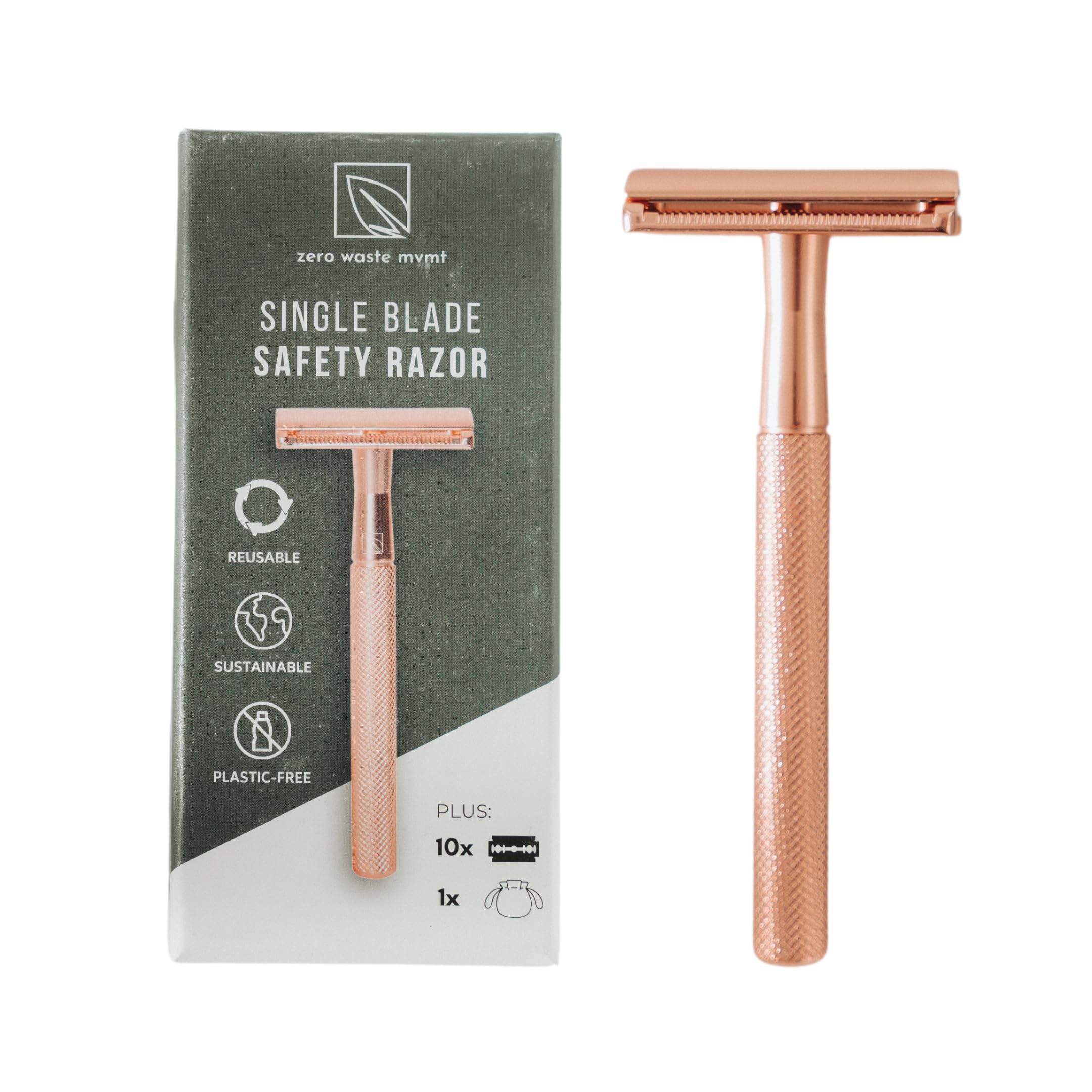 Zero Waste MVMT Single Blade Safety Razor for Men & Women (Rose) Premium Aluminum Handle, Reusable & Plastic-Free – Smooth, Close Shave with Less Irritation – With 10x Blades & Travel Bag - Rose Gold