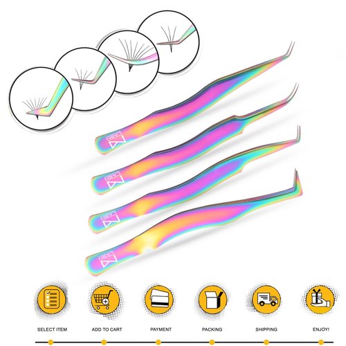 M LASH Eyelash Tweezers for Eyelash Extensions (Set of 4) - Professional Lash Extension Tweezers - Fiber Tip Lash Tweezers, Japanese Steel, Diamond Grip For Flawless Application (White)