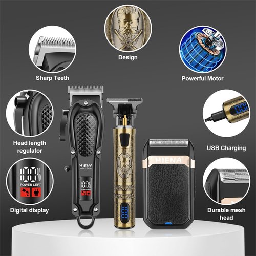 HIENA PRO Professional Hair Clippers - Cordless 3-in-1 Hair Cutting Kit with Foil Shaver | USB-C Rechargeable