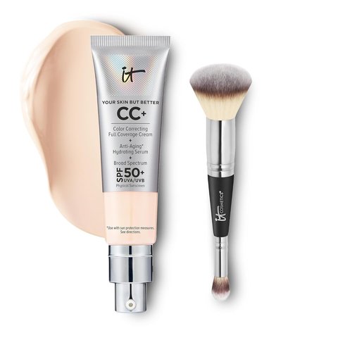 IT Cosmetics CC+ Cream - Full Coverage Foundation with SPF 50+ | Fair Beige (1.08 fl oz) & Brush #7 for Blending