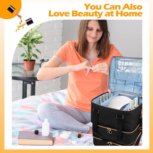 Cheungren Nail Bag Organizer Case - Three Layer Nail Polish Storage Bag with Adjustable Dividers Holds 84 Bottles Nail Polish Nail Lamp Nail Kit Supplies Organizer Box - Black