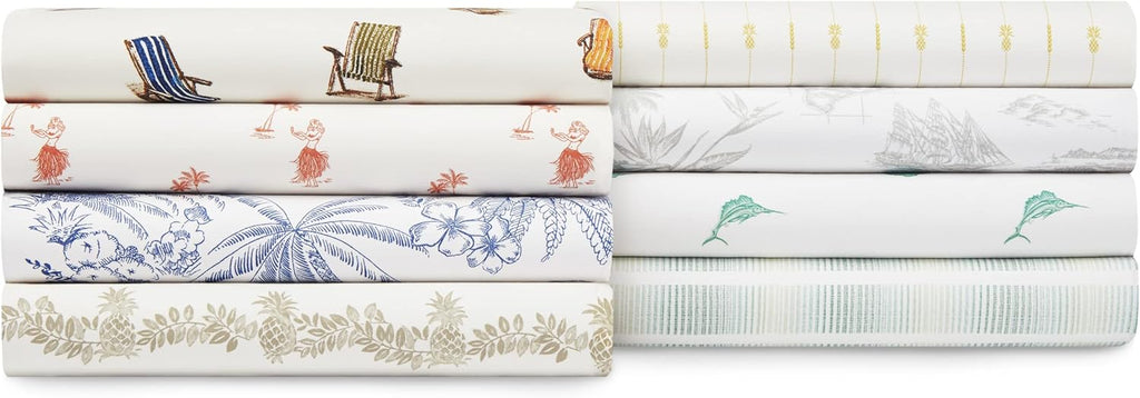 Tommy Bahama King Size Sheet Set - Crisp Cooling Cotton Percale with Matching Pillowcases & Fitted Sheet | Pen and Ink Palm Blue
