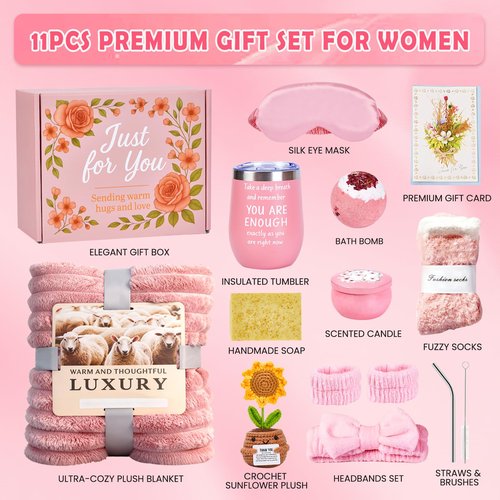 Gifts for Women, Cozy Self Care Gift Set for Her with Blanket, 12oz Insulated Mug & Socks, Thoughtful Birthday Gift for Mom, Wife, Girlfriend or Best Friend