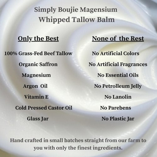 Simply Boujie Whipped Magnesium Tallow Butter 4oz Bedtime Body Balm 100% Grass Fed Tallow Unscented Moisturizer Hydrating Relaxing Balm with Saffron Rosehip Castor Oil Vitamin E