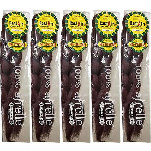 RastAfri Pre-Stretched Silky Braiding Hair (5 Single Packs, M 1B/Burgundy)