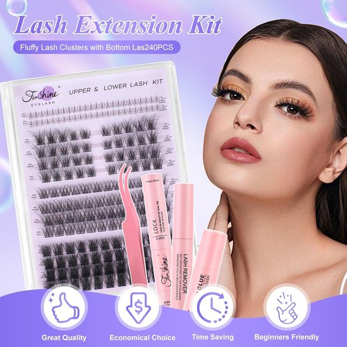 Fenshine Cluster Lashes Individual Lashes Kit 3D WISPY LASH KIT 10-18mm Length，4 in 1 DIY Eyelash Extension Individual Soft False for Personal Use at Home