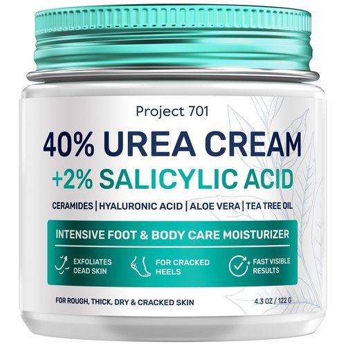 PROJECT 701 Urea Cream 40 Percent for Feet Maximum Strength, Callus Remover Foot Cream, Dry Cracked Heels Exfoliating Lotion with Salicylic Acid, Ceramides, Tea Tree Oil – Women and Men, 4.3 oz
