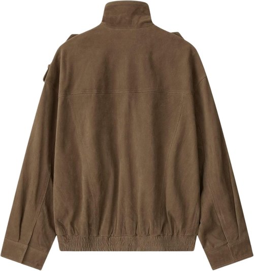 FindThy Women's Suede Leather Jacket - Vintage High Collar, Long Sleeve, Oversized with Pockets