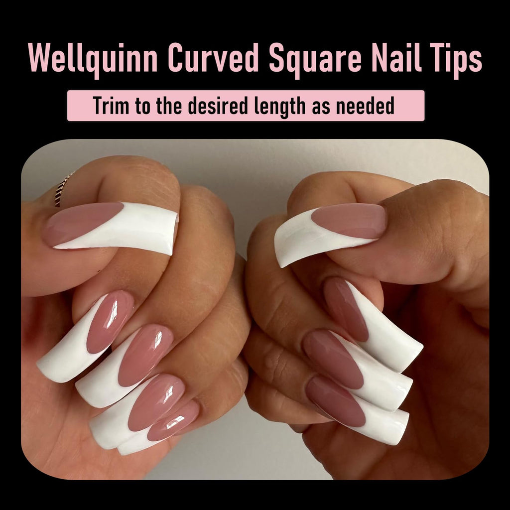 Wellquinn Curved Square Nail Tips Press on Full Cover Nails, Extra Curve Clear XXL Square Nail Tips Long XL Acrylic Fake Nails Extension, French False Nail 12 Sizes 240pcs