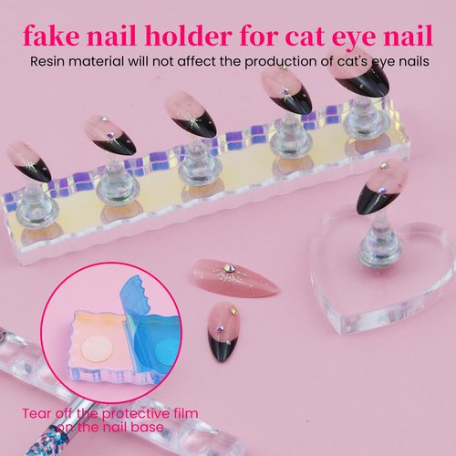 ESUOHYM Nail Stand For Press On Acrylic Strong Magnetic Nail Holder Kit For Painting Nails Tip Arts Display With 200PCS Double-Sided Tape And 1 Heart Shaped Acrylic Magnetic Presson Stand Aurora