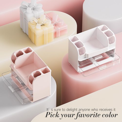 Delamu Makeup Organizer Countertop with 6 Brush Holder, Bathroom Countertop Organizer with 2 Large Drawers, Cosmetic Display Case for Vanity, Ideal Christmas Gifts for Women Girls, Light White