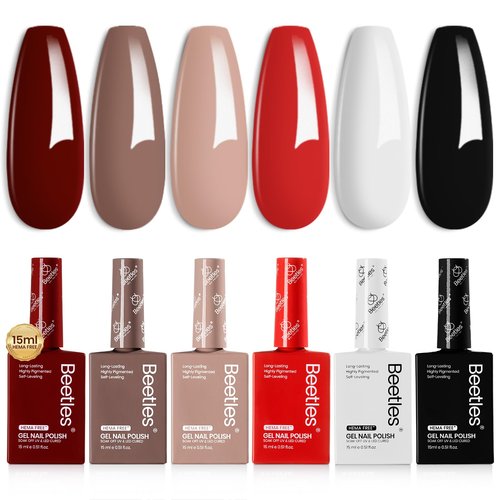 Beetles Hema-Free Gel Nail Polish Set - 6 Colors 15ML Brown Burgundy Black White Red Nude Soft Classics Polish Soak off Uv Led Lamp Nail Art Salon Colorful Bottle Manicure