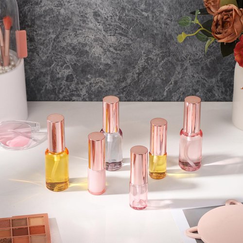 RAMFIYN 24 pack 10ml Pink Glass Spray Bottles Refillable Empty Perfume Pump Sprayer Mini Fine Mist Atomizer with Rose Gold Lid for Body Essential Oils