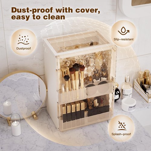 AERCIINC Makeup Organizer with Drawers,Skincare Organizer for Vanity,Large Cosmetic Display Case with Handle,Storage Organizers with Cover and Makeup Brush Holder for Dresser, Bathroom Countertop