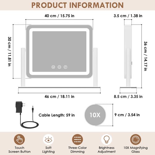 Lighted Makeup Mirror,18" x 14" Led Vanity Mirror with with 3 Color Modes & Adjustable Brightness,Smart Touch Control,360 Degree Rotation,for Dressing Room & Bedroom,AC-Powered, Metal Frame Design