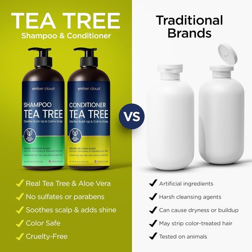 Tea Tree Rosemary Shampoo & Conditioner Set - Nourishing Castor Oil for All Hair Types | Paraben & Sulfate Free (16 Oz Each)