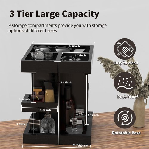Coneqwliy Wooden Cologne Organizer for Men: 3 Tier Perfume Display Stand with 360 Degree Rotating for Desk & Nightstand - Large Capacity Cologne Shelf Organizer for Mens Gift (Black)