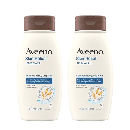Aveeno Skin Relief Fragrance-Free Body Wash with Triple Oat Formula, Gentle Daily Cleanser for Sensitive Skin Leaves Dry Skin Feeling Moisturized, Sulfate-Free, 18 fl. oz, 2 Pack