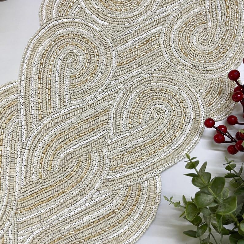 Pearl White Handmade Beaded Table Runner 13x36 Inch for Holiday & Party Decor