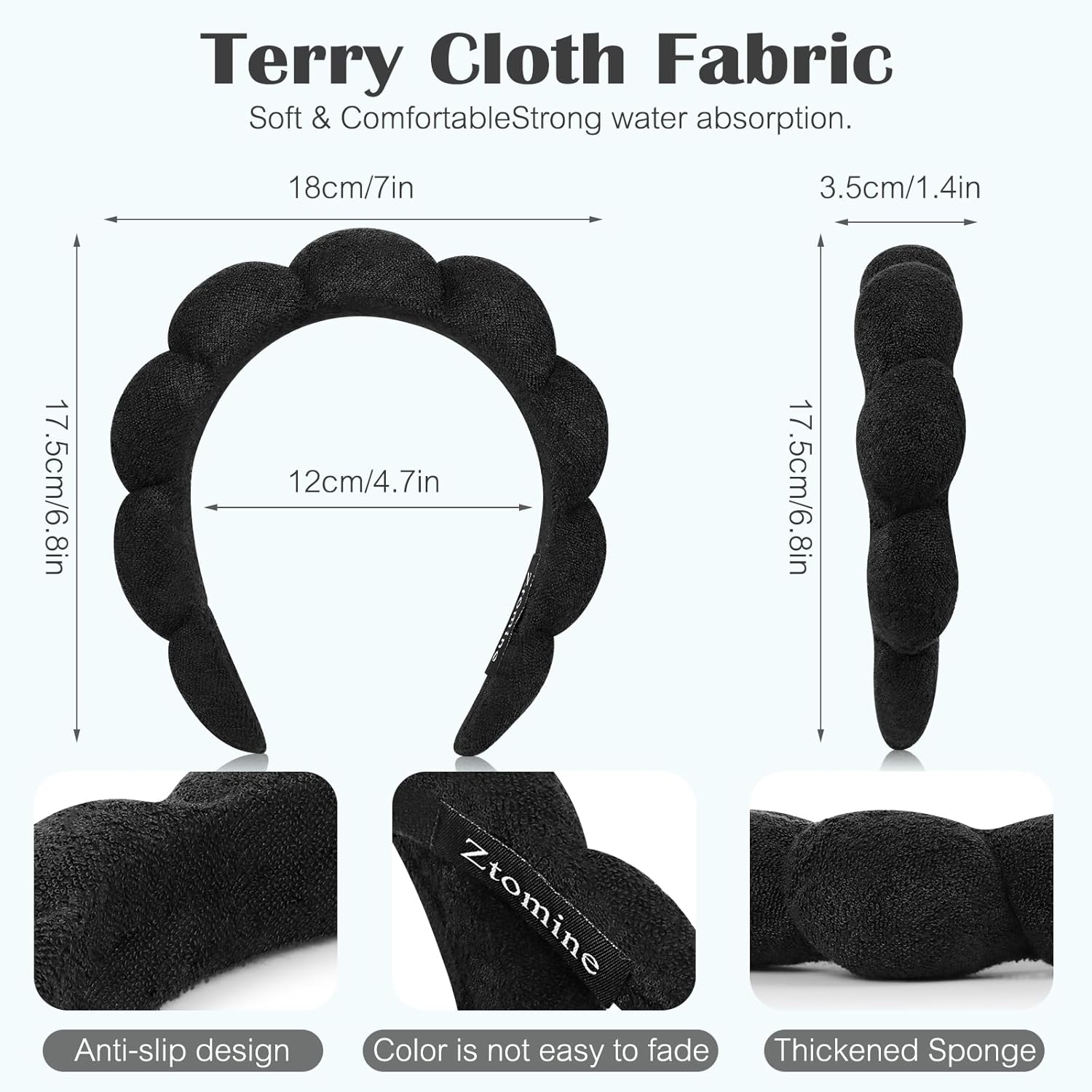 Ztomine Spa Headbands - Terry Cloth Face Washing & Skincare Set of 2 | Puffy Makeup Headbands