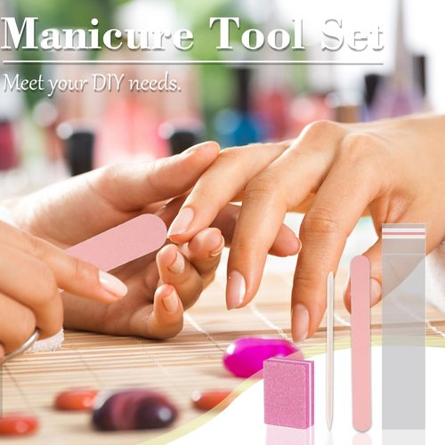 Disposable Manicure Kit - 50pc Set, Includes Mini Nail Buffer, Nail File, Wood Stick, OPP Bag, Press On Nail Tool Kit for Salon & Home (Pink)