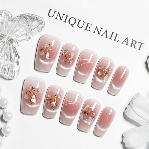 JODSONE Pink Square Press on Nails 3D Handmade Cat Eye Reuseable Fake Nail Tips Ready to Wear - Medium
