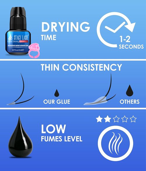 STACY LASH Extra Strong Evolution Eyelash Extension Glue (0.17fl.oz / 5ml) / 0.5-1 Sec Dry/Retention – 8 Weeks/Black Adhesive/Lash Tech Supplies + Glue Ring