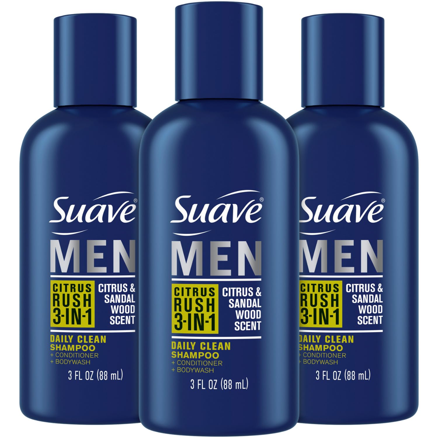 Suave Men Body Wash 3-in-1 Citrus Rush - Travel-Size Shampoo, Conditioner & Soap | Keratin-Infused, 3 Oz (Pack of 3)