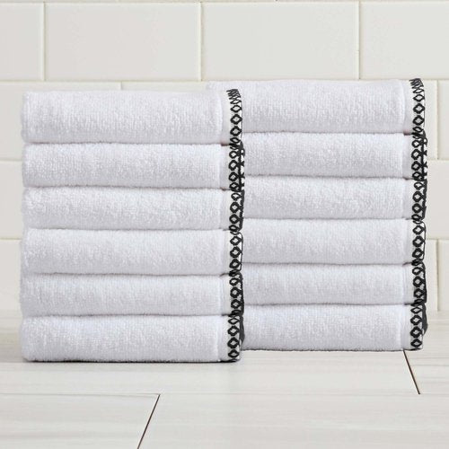 Great Bay Home Black/White Washcloth Set - Ultra-Soft Cotton, Boho-Chic Border Design - 12 Washcloths (13" x 13") - Absorbent, Quick-Dry, Lightweight Bathroom Towels