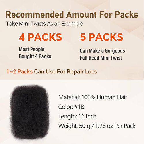 Afro Kinkys Bulk Human Hair -100% Real Human Hair for Mini Twist, Braiding, Loc Extensions & Crochet, Kinky Curly Hair Bundles, Natural Afro Bulk for Dreadlocks(1B, 16 Inch(Pack of 1))