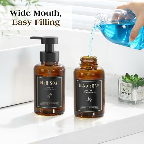 Luxspire Foaming Soap Dispenser - 15 Oz Glass Pump Bottle with Waterproof Labels | Amber, 2 Pack for Kitchen & Bathroom