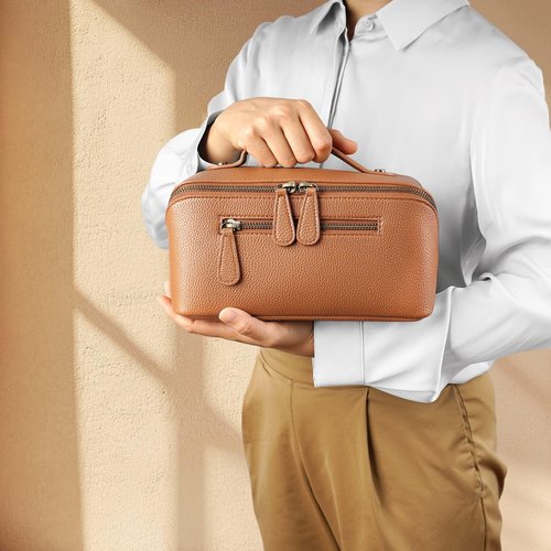 Divvia Travel Makeup Bag 3 Pcs Set, Waterproof Vegan Leather Toiletry Bag Organizer with Compartments & Handle, Cosmetic Bags for Women, Portable Travel Essentials Pouch (Large, brown)