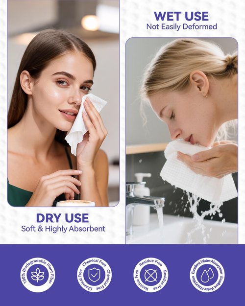 Jolly Care Disposable Face Towels, 10"×12" XL Face Towelette Disposable, Soft Makeup Remover Dry Wipes, Thick Facial Tissue for Women Cleansing, Skin Care, 50 Count (1 Pack)