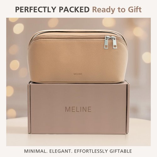 MELINE Travel Makeup Bag – Large Capacity Cosmetic and Toiletry Organizer with Divider and Handle, Waterproof Flat-Open Design, Portable Pouch for Women (Taupe)